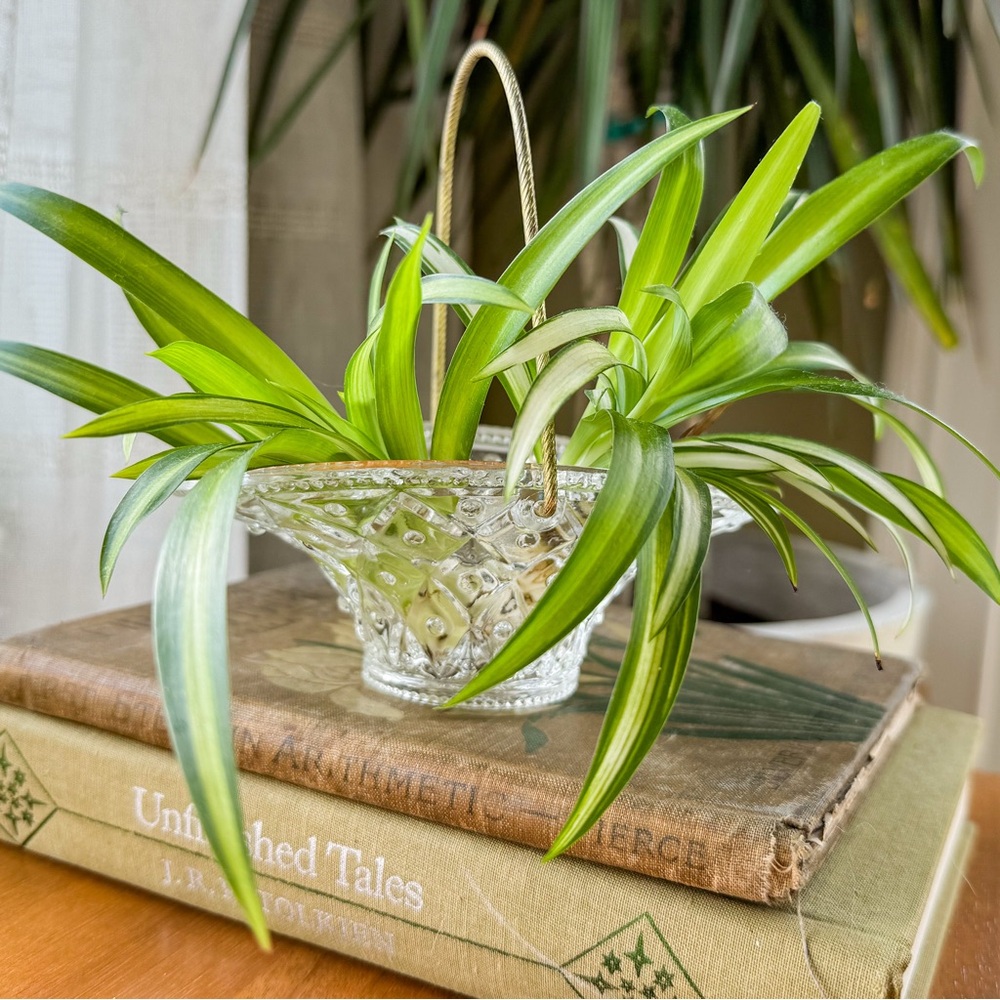 Vintage Avon Pressed Glass Basket with Brass Handle